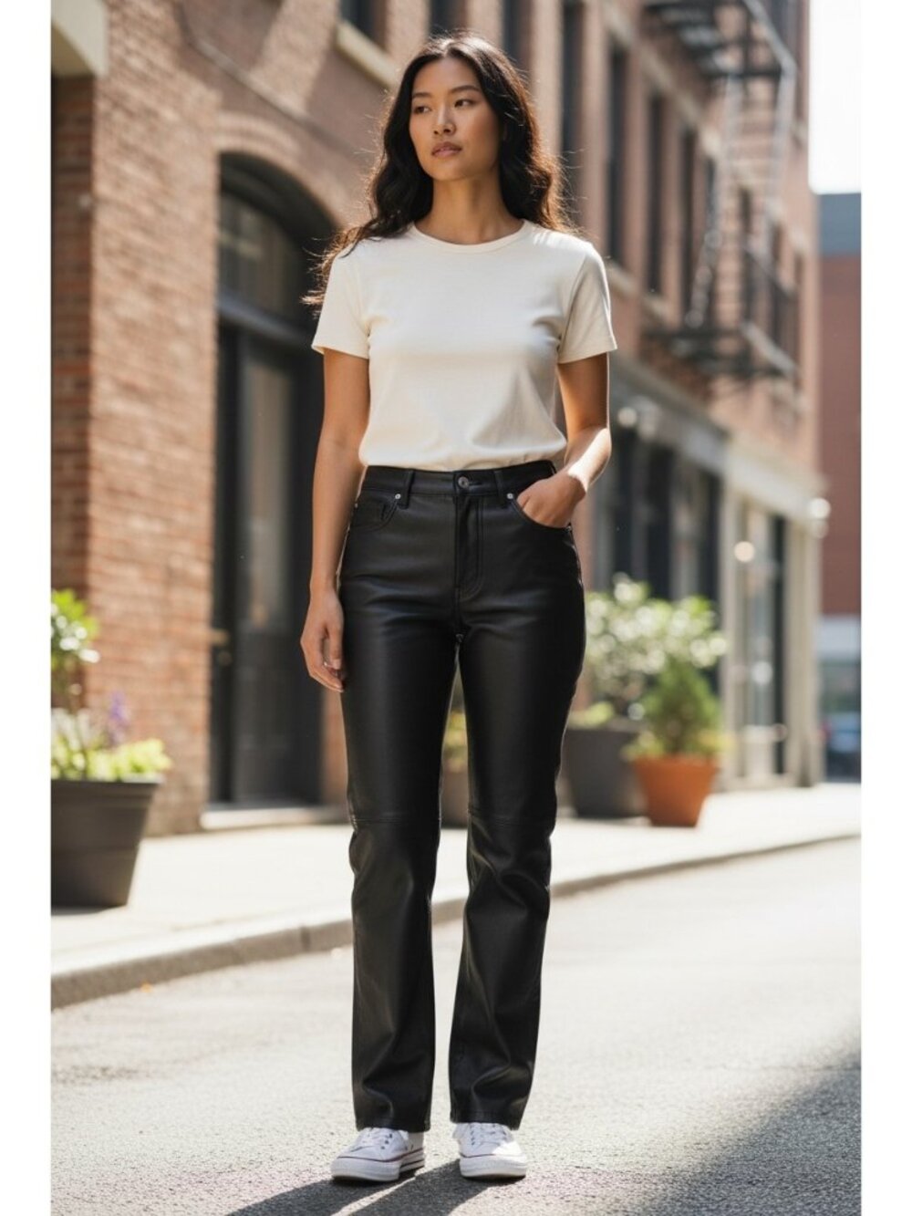 Faconnable Lambskin Leather Straight Leg Pants Black Size 6 Minimalist Glam Sexy